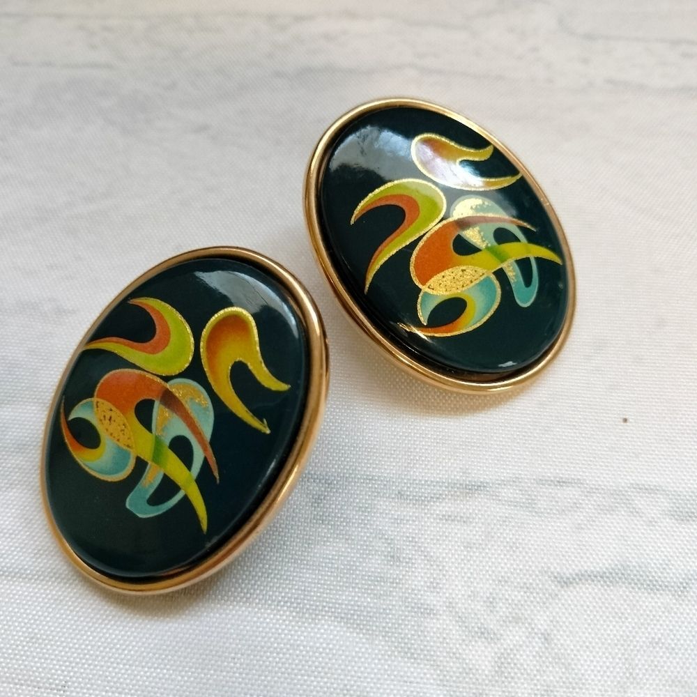 Vintage Gold Enamel Post Earrings Abstract Swirl Multicolored Boho Retro